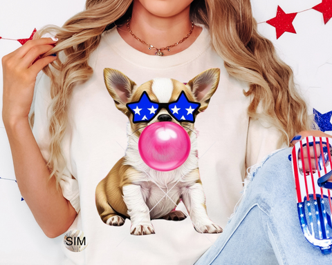 4th Of July PNG, Fourth Of July Chihuahua Blowing A Bubble With Sunglasses PNG, Chihuahua 4th Of July Sublimation, UvDTF Design PnG Download