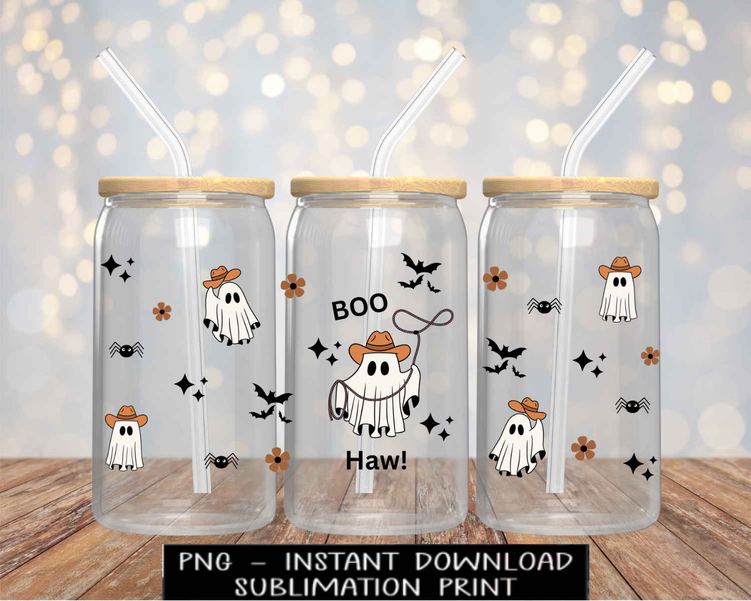Boo Haw Halloween Ghost PNG File, Cowboy Little Ghost Iced Coffee UV DtF Digital Design Glass Wrap, PNG for Sublimation, Instant Download