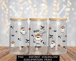 Boo Haw Halloween Ghost PNG File, Cowboy Little Ghost Iced Coffee UV DtF Digital Design Glass Wrap, PNG for Sublimation, Instant Download