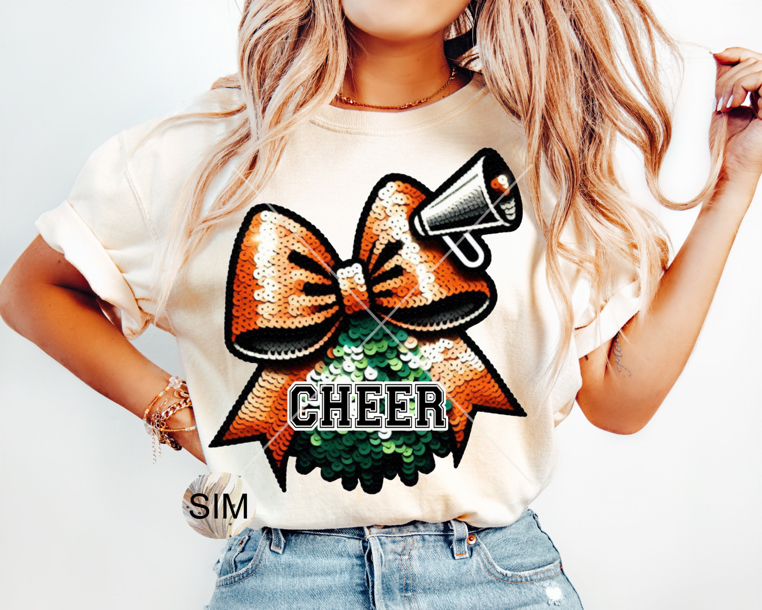 Cheer Bow PNG, Faux Sequin Cheer Bow, Green & Orange Cheerleader Sequin Bow PNG, Cheerleader Bow PnG, Sublimation Digital PnG Download UVDTF
