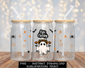 Cute And Creepy PNG File, Little Ghost Iced Coffee UV DtF Digital Design Glass Wrap, PNG for Sublimation, Instant Download