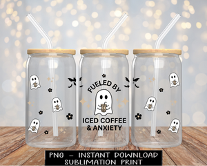 Fueled By Iced Coffee And Anxiety PNG File, Little Ghost Iced Coffee UV DtF Digital Design Glass Wrap, PNG for Sublimation, Instant Download