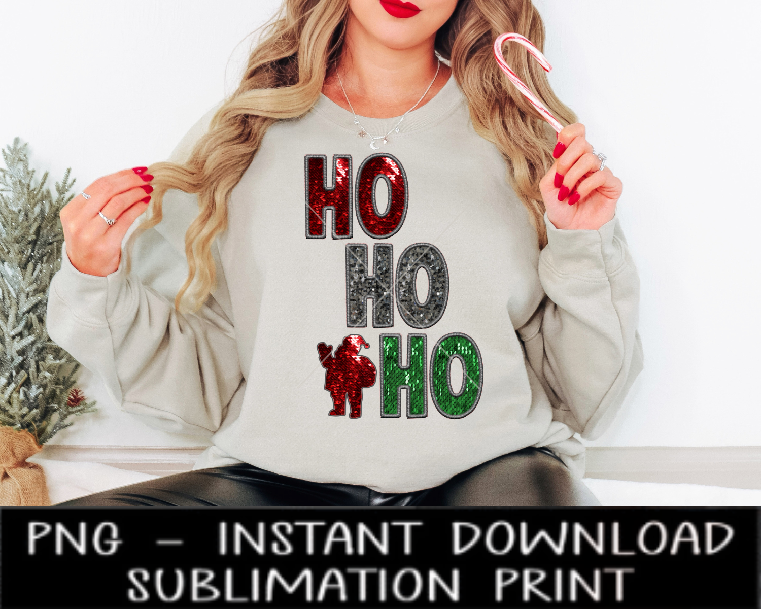 Ho Ho Ho Santa PNG File, Faux Embroidery Sequin Letters, Sublimation Design, Christmas UV DtF Digital Design, Sublimation Instant Download