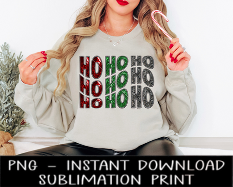 Ho Ho Ho Wavy Sequin Santa PNG File, Faux Embroidery Sequin Letters, Sublimation Design, Christmas UV DtF Digital Design, Sublimation Instant Download
