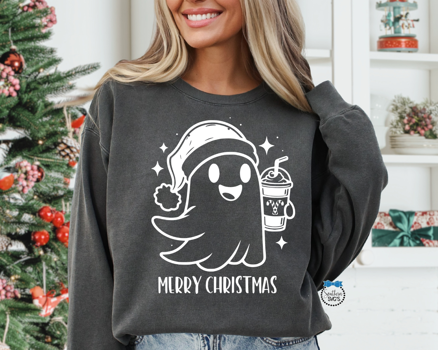 Cute Santa Ghost SVG, Merry Christmas Ghost PNG, Iced Coffee SvG Instant Download, Cricut Cut File, Silhouette Cut File, Christmas UV DtF