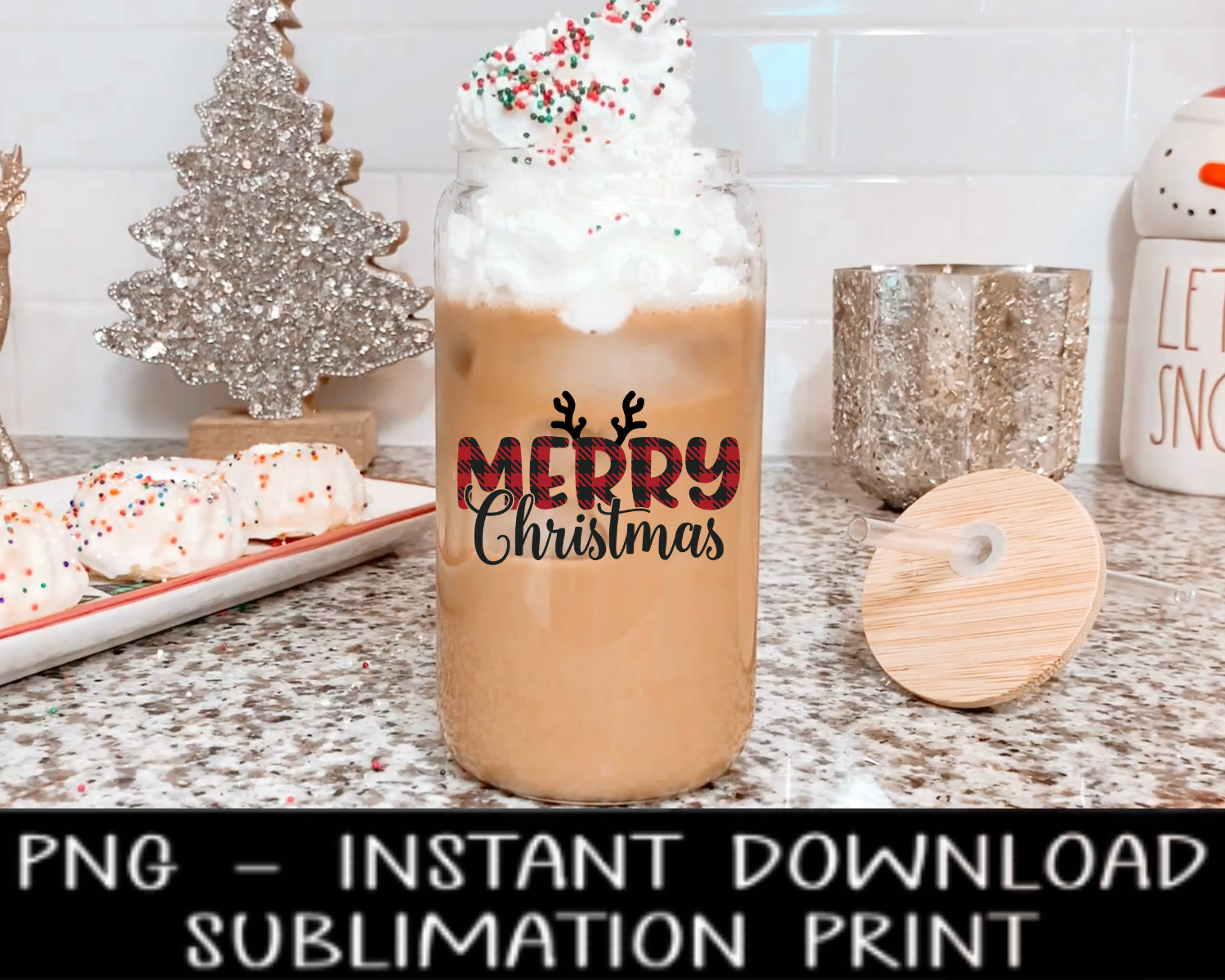 Christmas PNG, Christmas Plaid UV DtF File, Christmas Iced Coffee Glass PNG Digital Design, Sublimation PnG, Instant Download Water Slide PnG