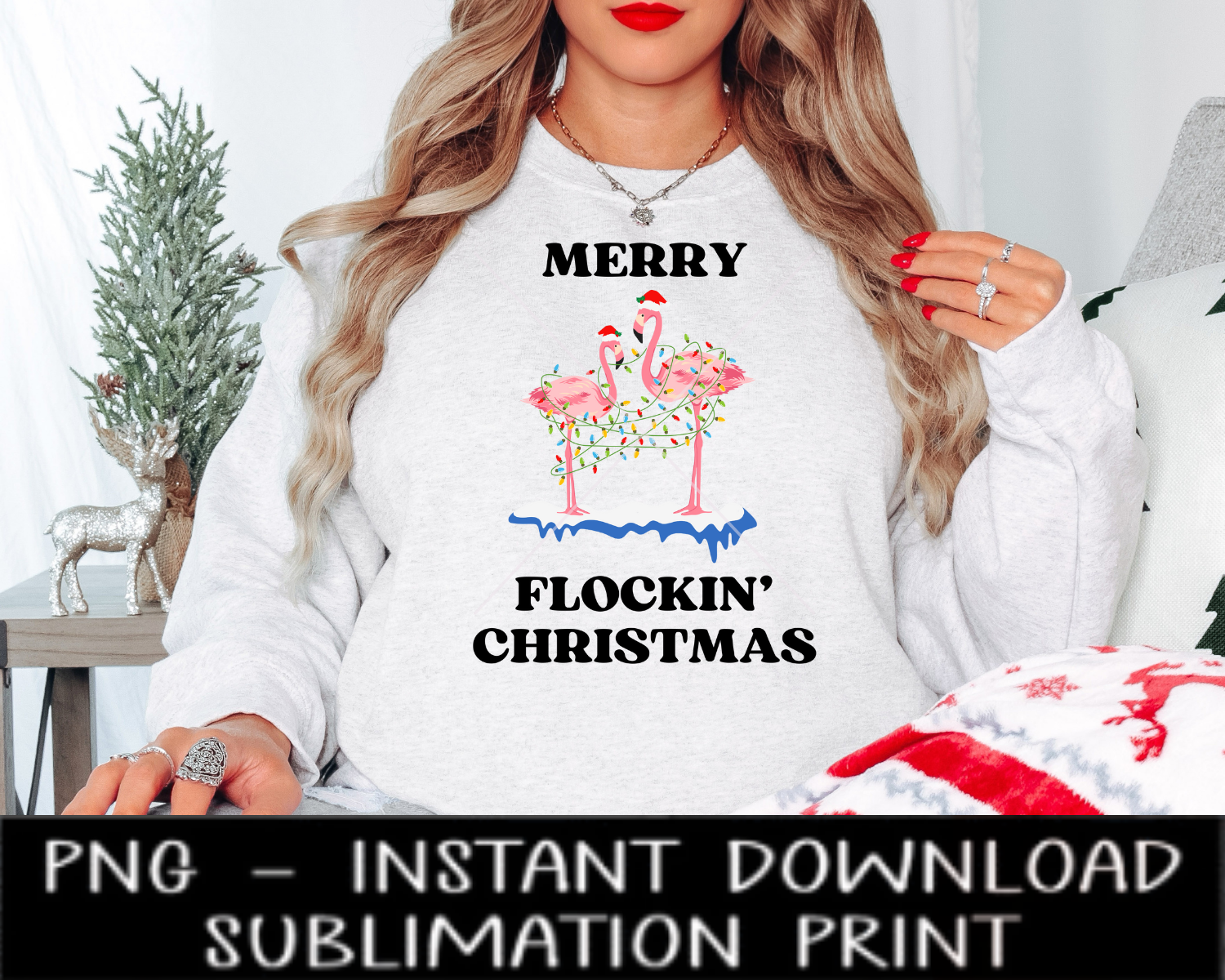 Merry Flockin Christmas PNG, Christmas Flamingo UV Dtf File, PNG Digital Design, Sublimation PnG, Instant Download, Waterslide Decal