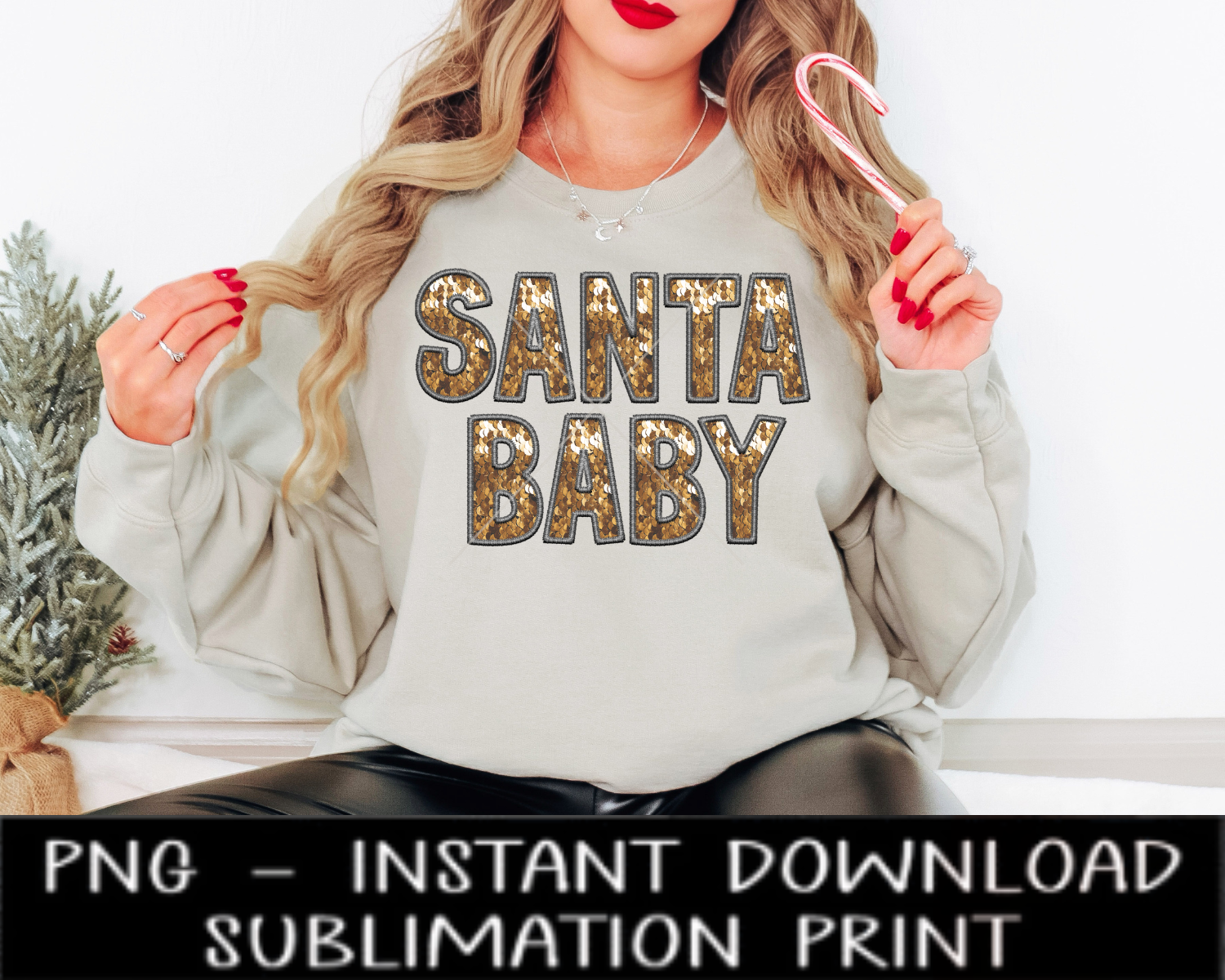 Santa Baby Christmas PNG File, Faux Embroidery Sequin Letters, Sublimation Design, Christmas UV DtF Digital Design, Sublimation Instant Download