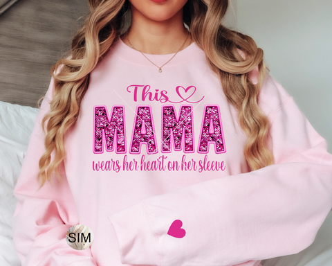 This Mama Wears Her Heart On Her Sleeve PNG File, Faux Embroidery Sequin Letters, Embroidered Mama Sequin UV DtF Digital Design