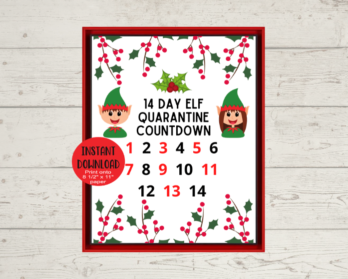 Elf Quarantine Countdown, Printable Elf 2 Week Quarantine Countdown, Instant Printable Elf Countdown, Instant PNG Digital Download