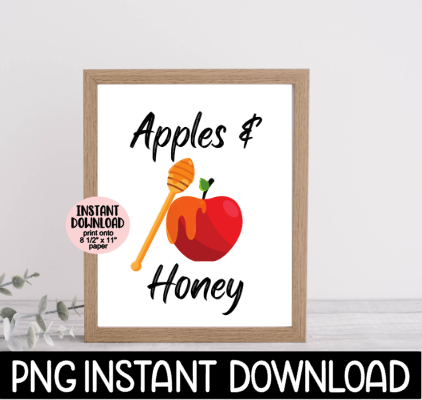 Happy Rosh Hashanah Sign PNG, Apples & Honey Holiday Sign PNG, Jewish New Yeah Printable Sign, Shana Tova Decor Instant PNG Digital Download