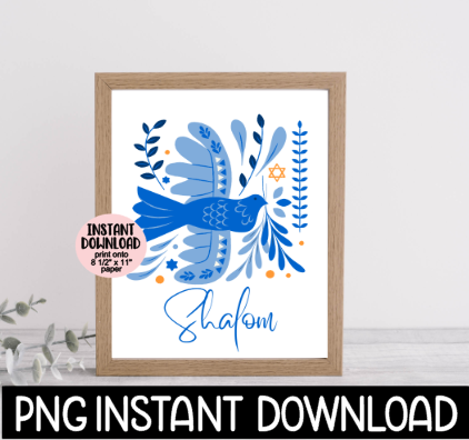Shalom Dove Sign PNG, Shalom Jewish Sign PNG, Jewish Printable Sign, Shalom Decor Instant PNG Digital Download