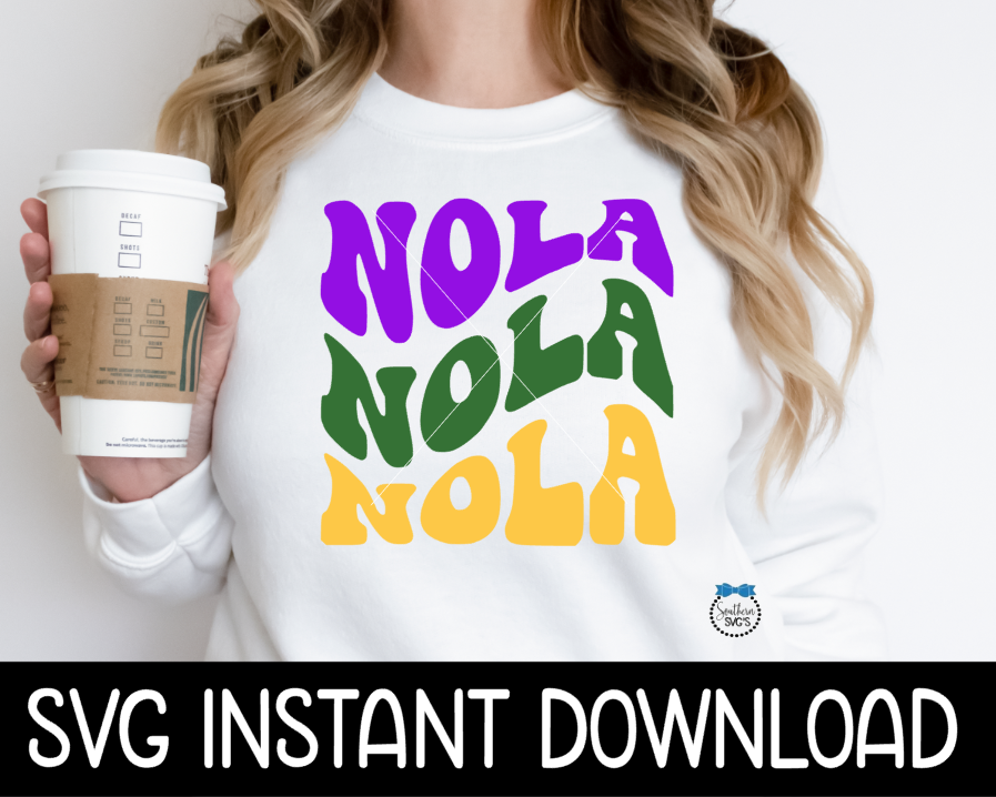 Nola SVG, Mardi Gras Multi Colored Wavy Letters SVG, Mardi Gras Tee SVG Instant Download, Cricut Cut Files, Silhouette Cut File, Download, Print