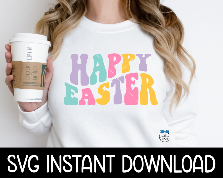 Happy Easter SVG, Happy Easter Retro Wavy Tee Shirt SVG, Easter Crew Stacked Tee SVG, Instant Download, Cricut Cut Files, Silhouette Cut File, Print