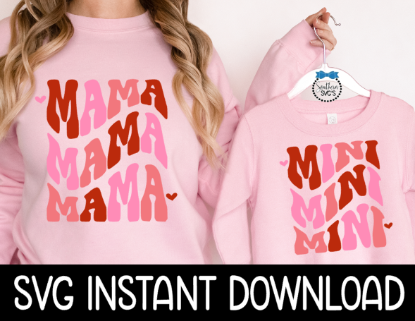Mama And Mini SVG, Mom And Child Matching Wavy Letters Tee SvG, Instant Download, Cricut Cut Files, Silhouette Cut Files, Print