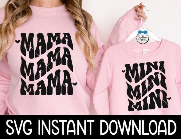 Mama And Mini SVG, Mom And Child Matching Wavy Letters Tee SvG, Instant Download, Cricut Cut Files, Silhouette Cut Files, Print