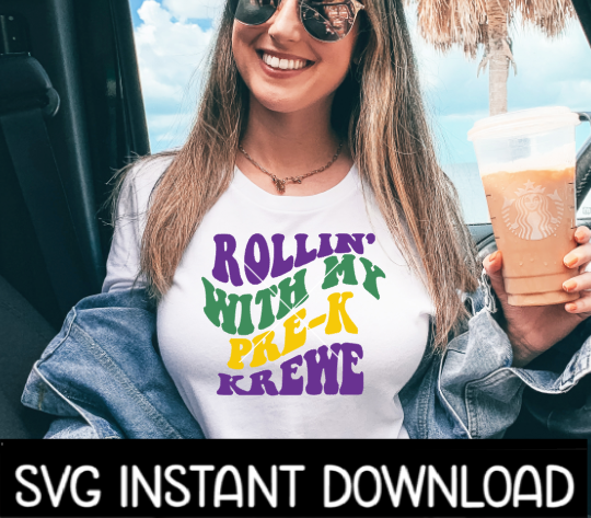 Rollin With My Pre K Krewe SVG Files, Mardi Gras Multi Colored SVG, Mardi Gras Tee SVG Instant Download, Cricut Cut Files, Silhouette Cut File, Download, Print