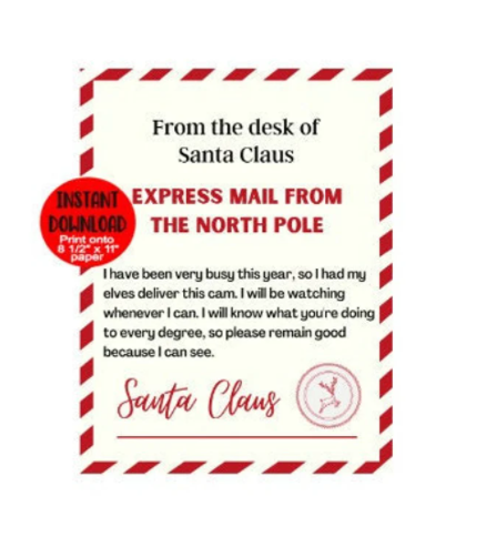 Santa Letter, Printable Santa Cam Letter, Instant Printable Letter From Santa, Instant PNG Digital Download