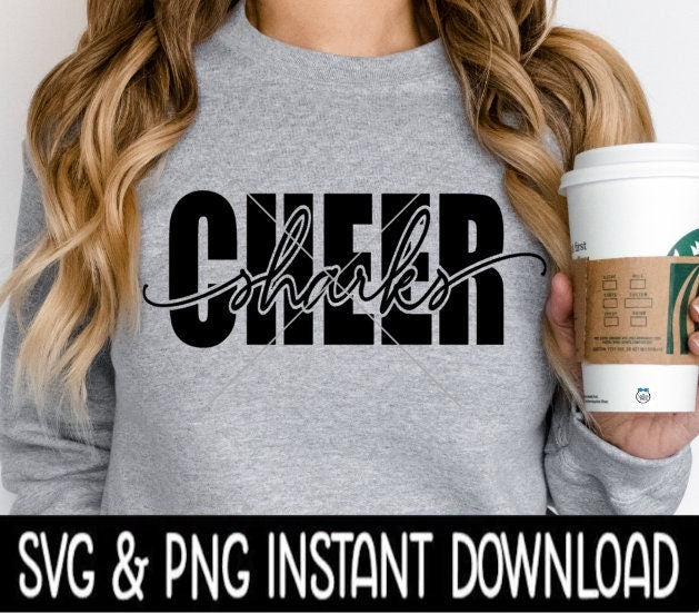 Sharks Cheer SVG, Cheerleader Tee Shirt SVG, Tote Bag SvG, Cheer Leader SVG, Instant Download, Cricut Cut Files, Silhouette Cut Files, Print